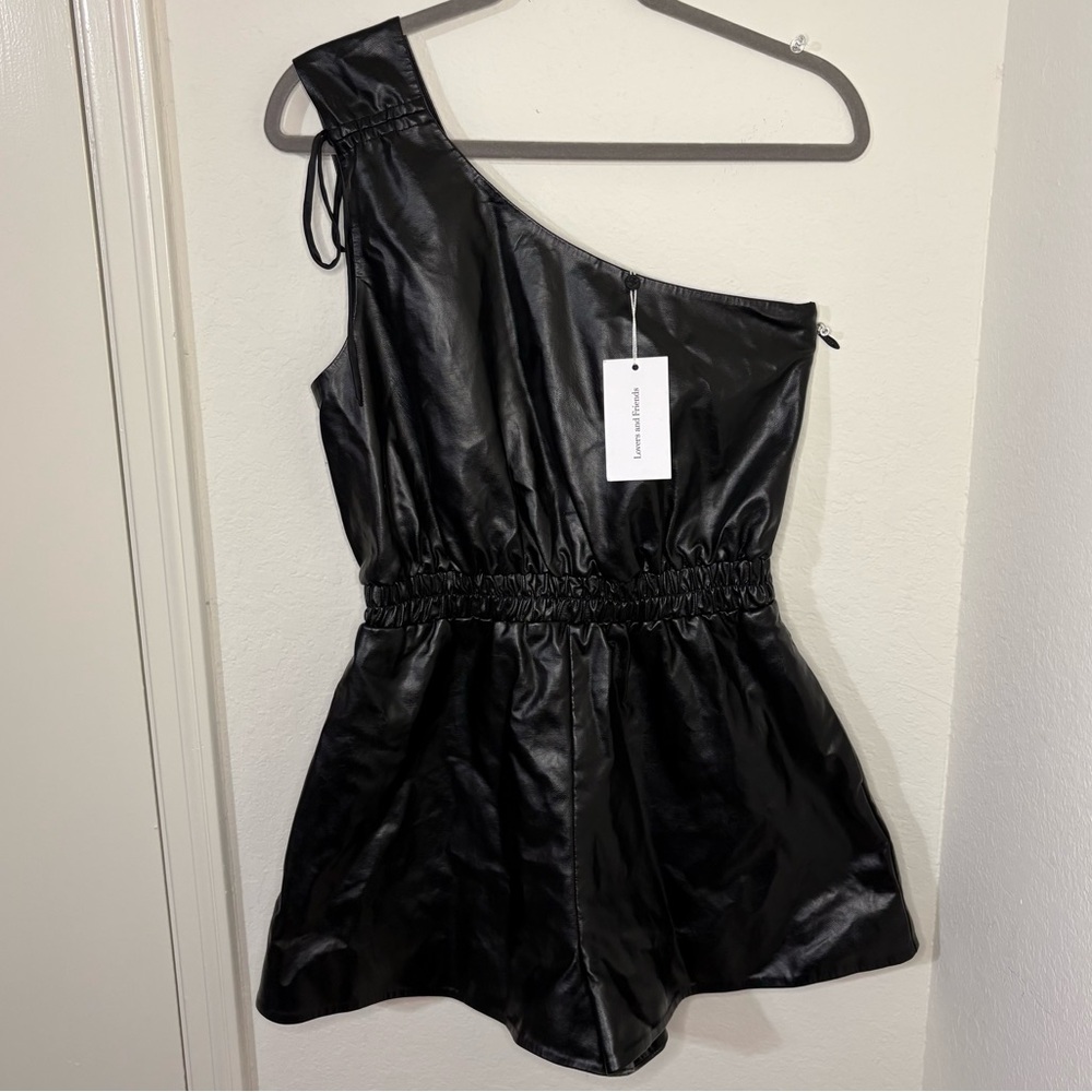 Lovers and Friends REVOLE Black Faux Leather Sleek One Shoulder Romper NWT